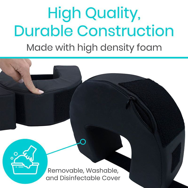 Black neck pillow with text highlighting high quality, durable construction, and washable cover.