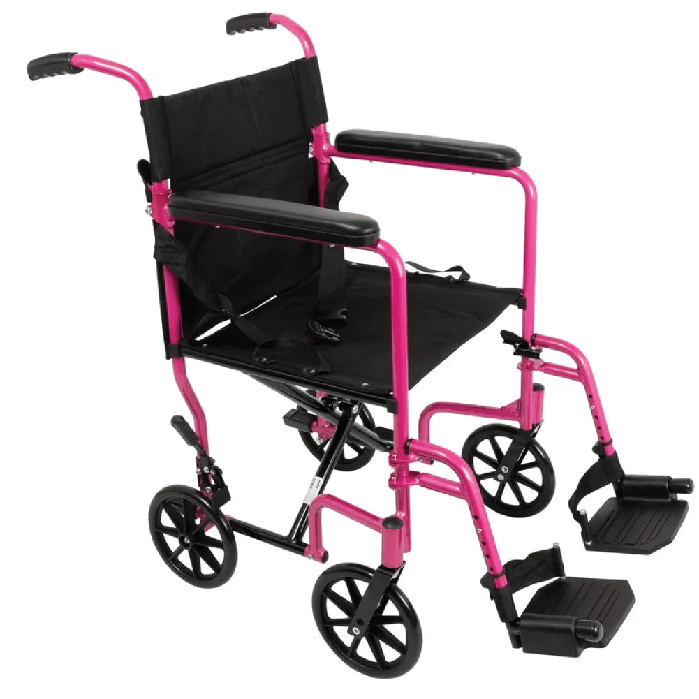 Pink wheelchair with black seat and footrest on a white background