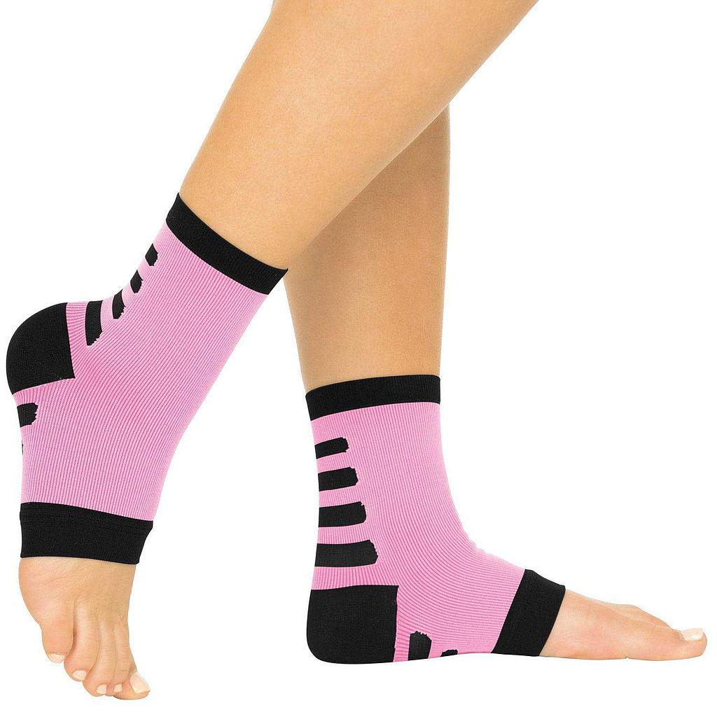 Pink compression socks with black accents on a white background