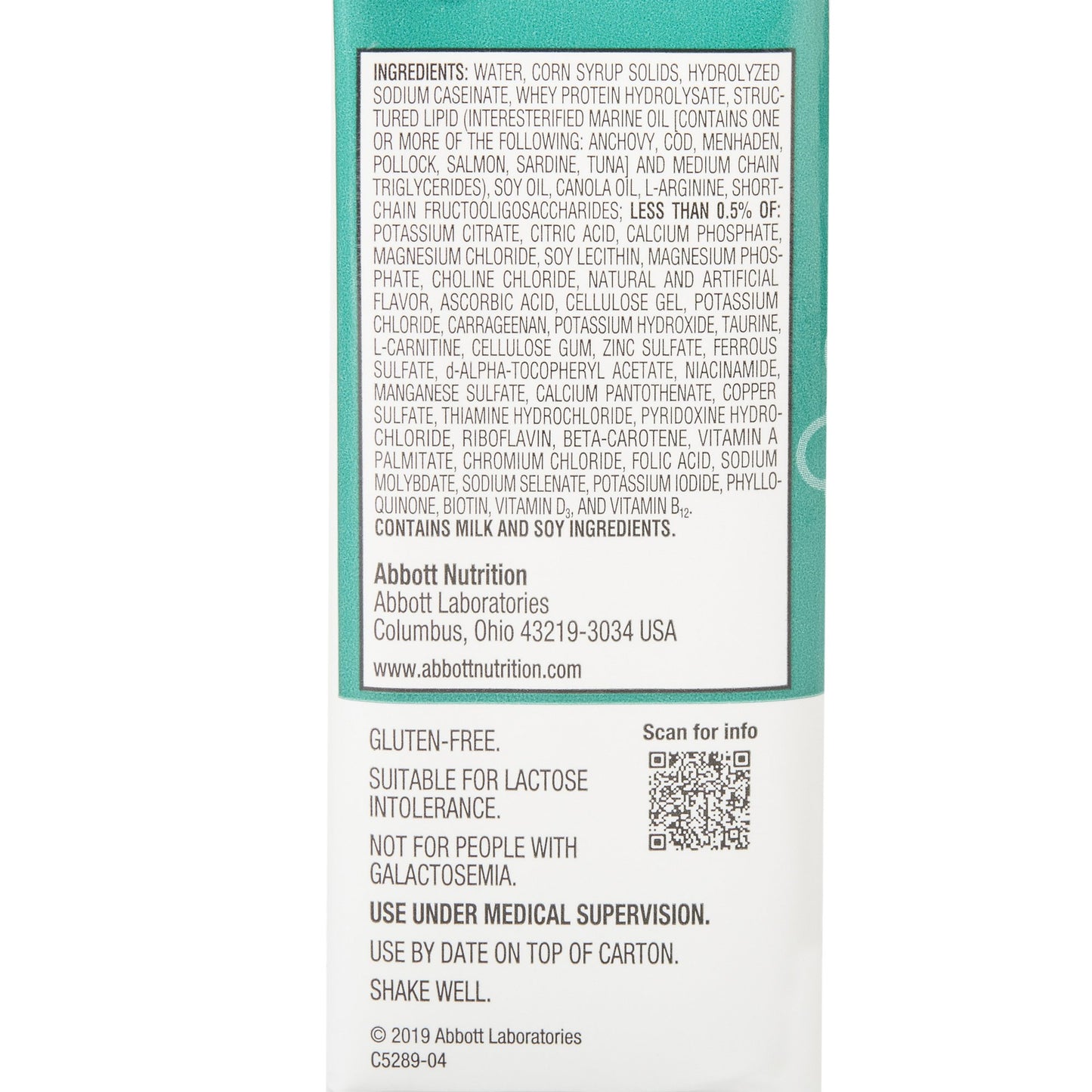 Back of a bottle label with ingredient list and branding details, featuring Abbott Nutrition.