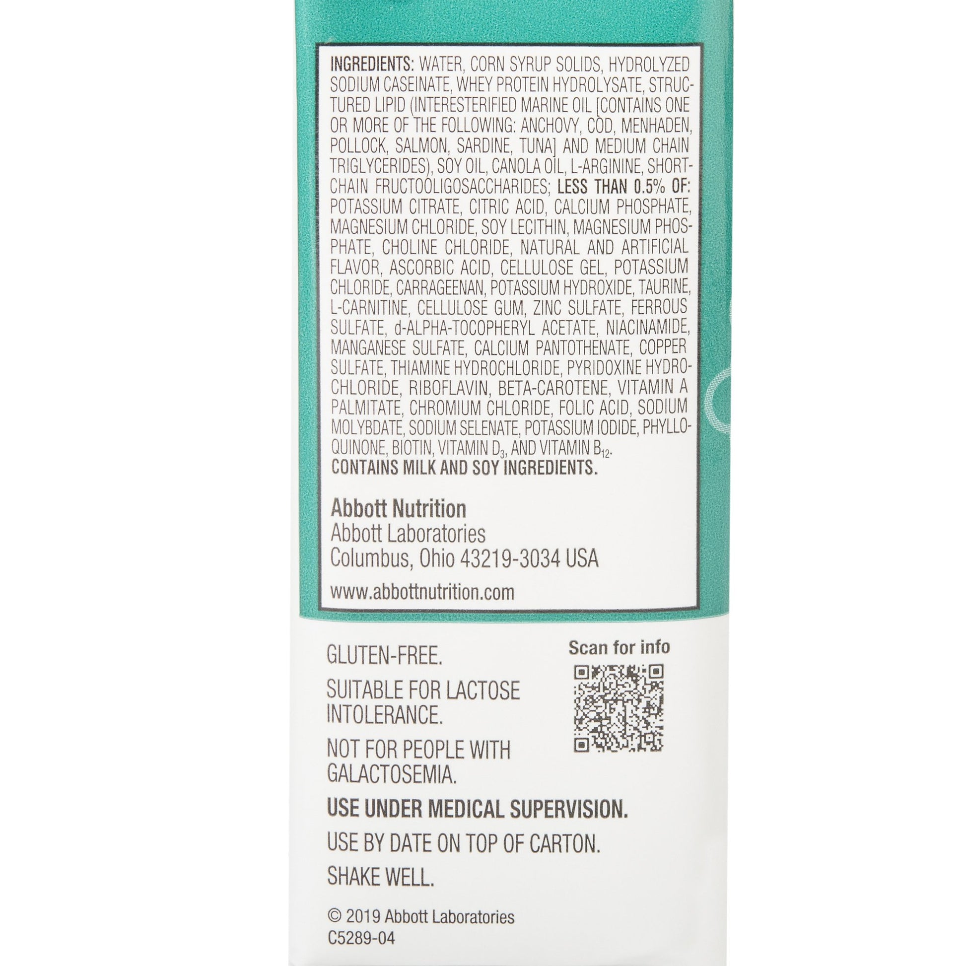 Back of a bottle label with ingredient list and branding details, featuring Abbott Nutrition.