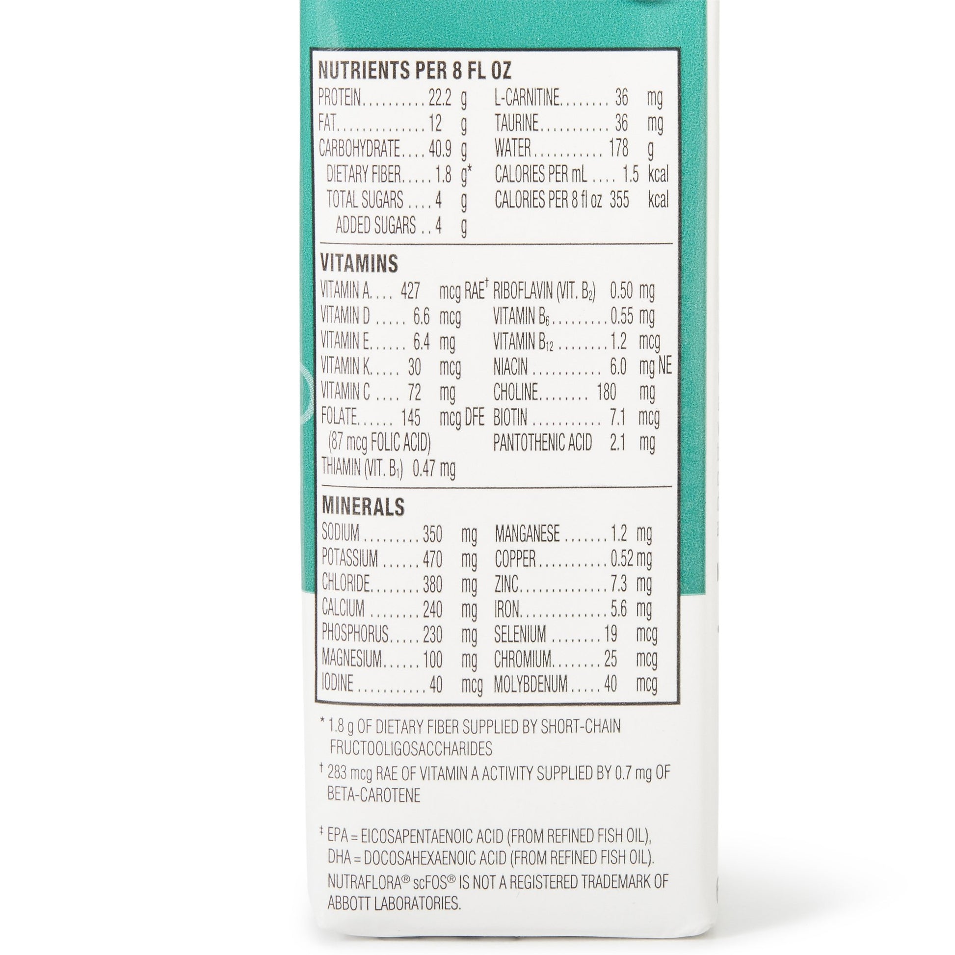 Nutritional label on a product container with detailed information.