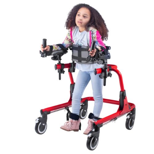 Child using a red mobility device on a white background