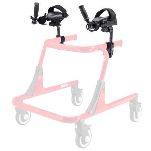 Pink walker frame with black handles on a white background