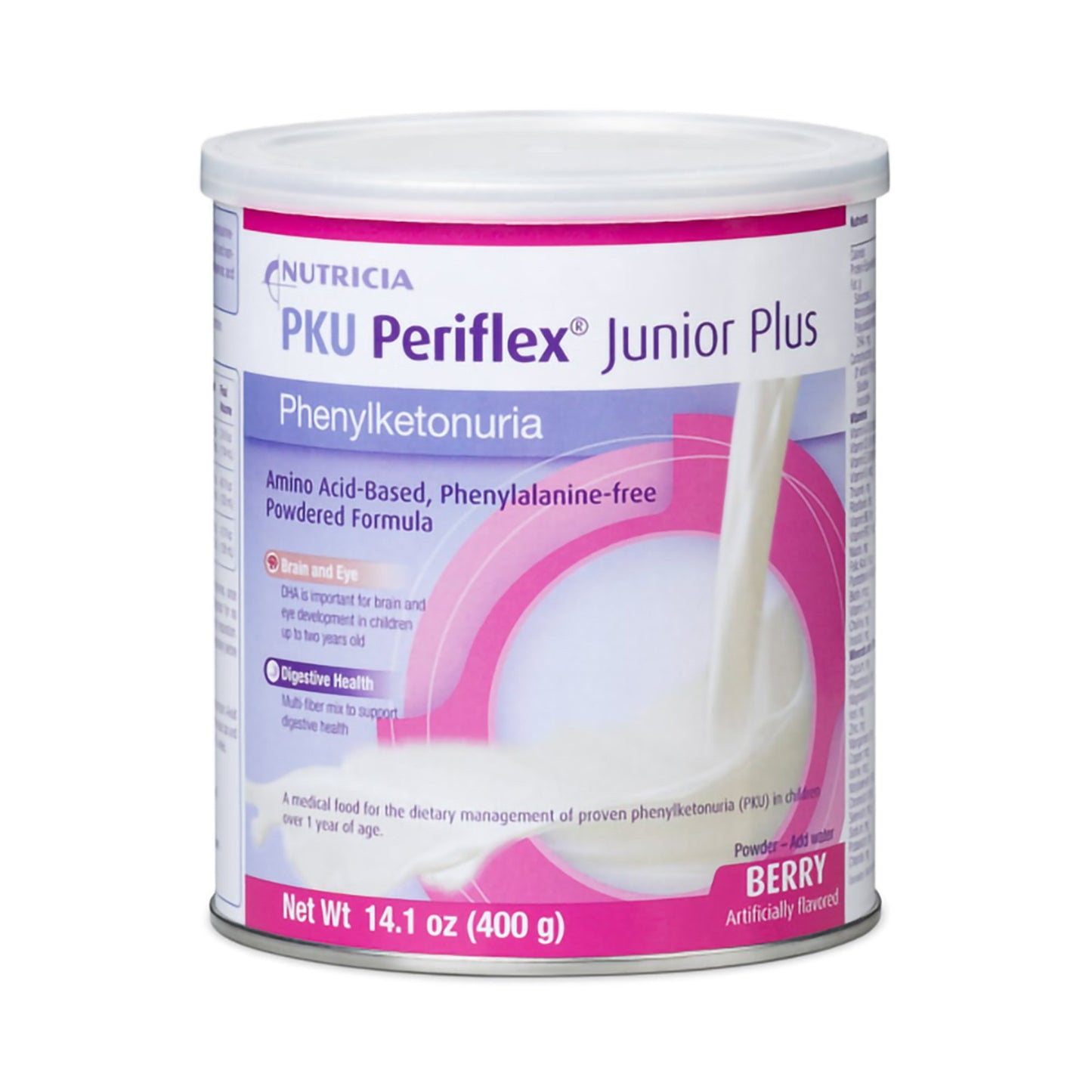 Can of Nutricia PKU Periflex Junior Plus formula on a white background