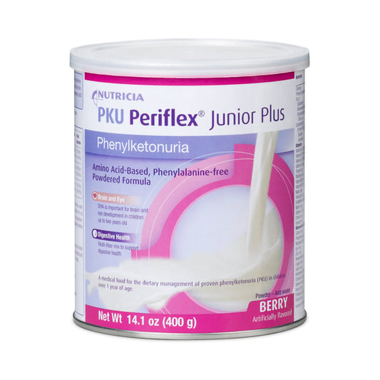 Can of Nutricia PKU Periflex Junior Plus formula on a white background