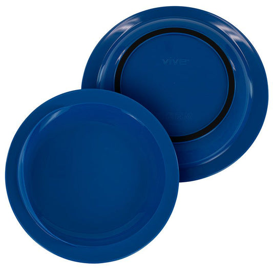 Two blue pet bowls on a white background