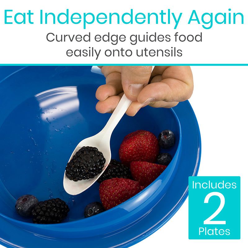 Blue plate with curved edge holding a spoon with berries, text about independence eating, and a blue label with '2 Plates'.