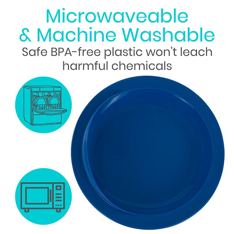 Blue plate with text about microwaveable and machine washable safe BPA-free plastic