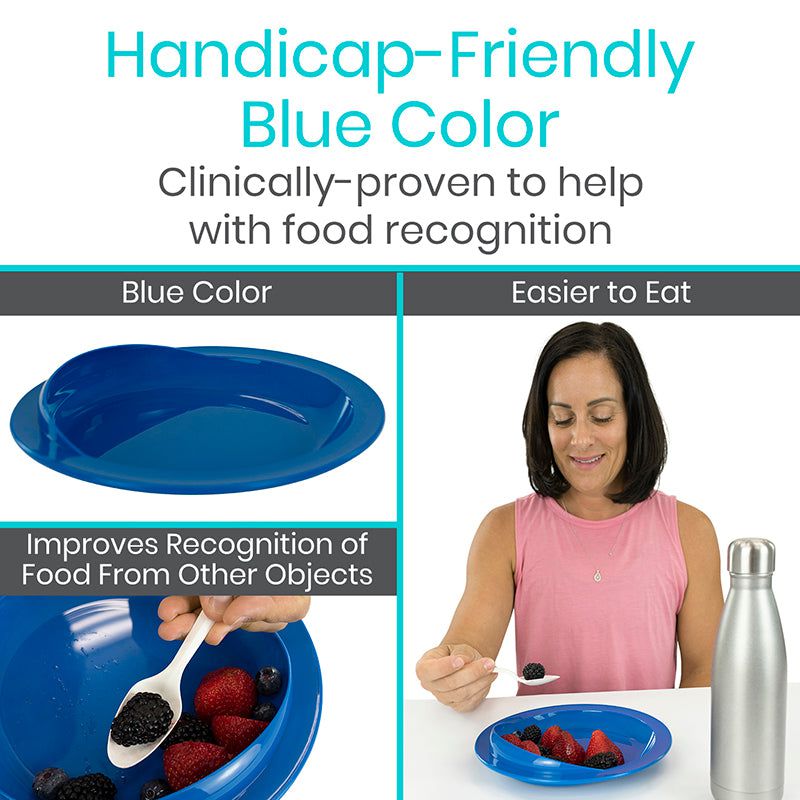 Blue plate with text about handicap-friendly blue color for food recognition, shown with a woman eating.