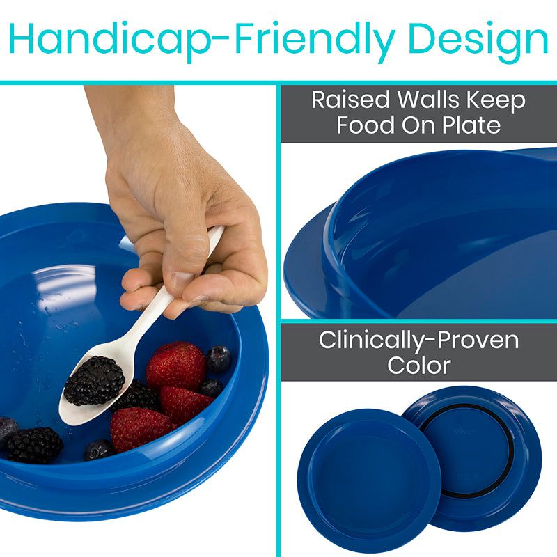 Blue plate with raised walls, hand holding a spoon with berries, and two blue plates.