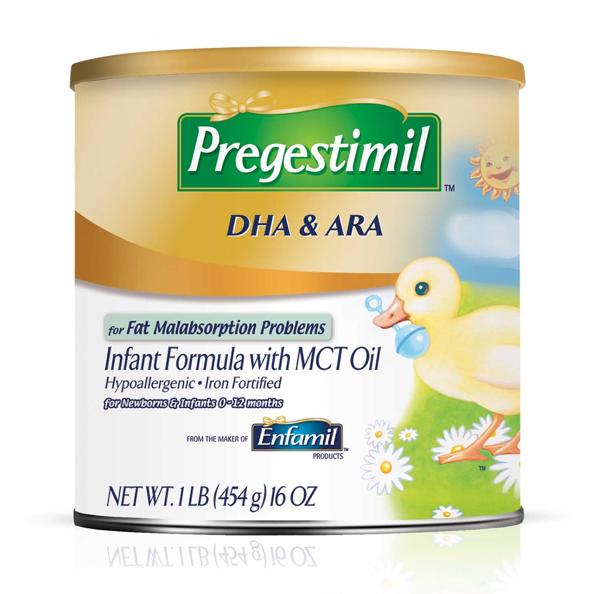 Preigestimil DHA & ARA infant formula can with a duck illustration on a white background