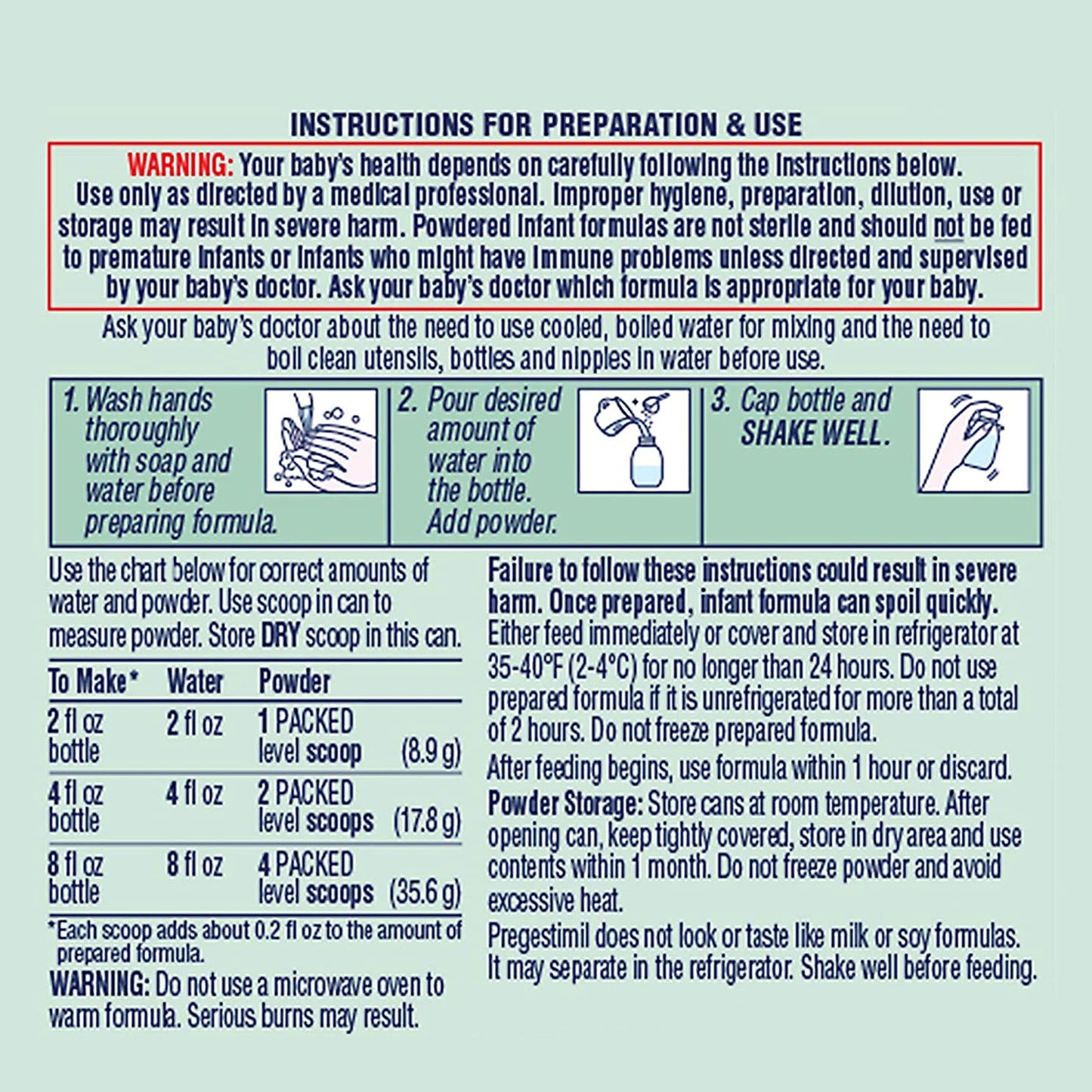 Instructions for preparing and using a powdered infant formula on a blue background
