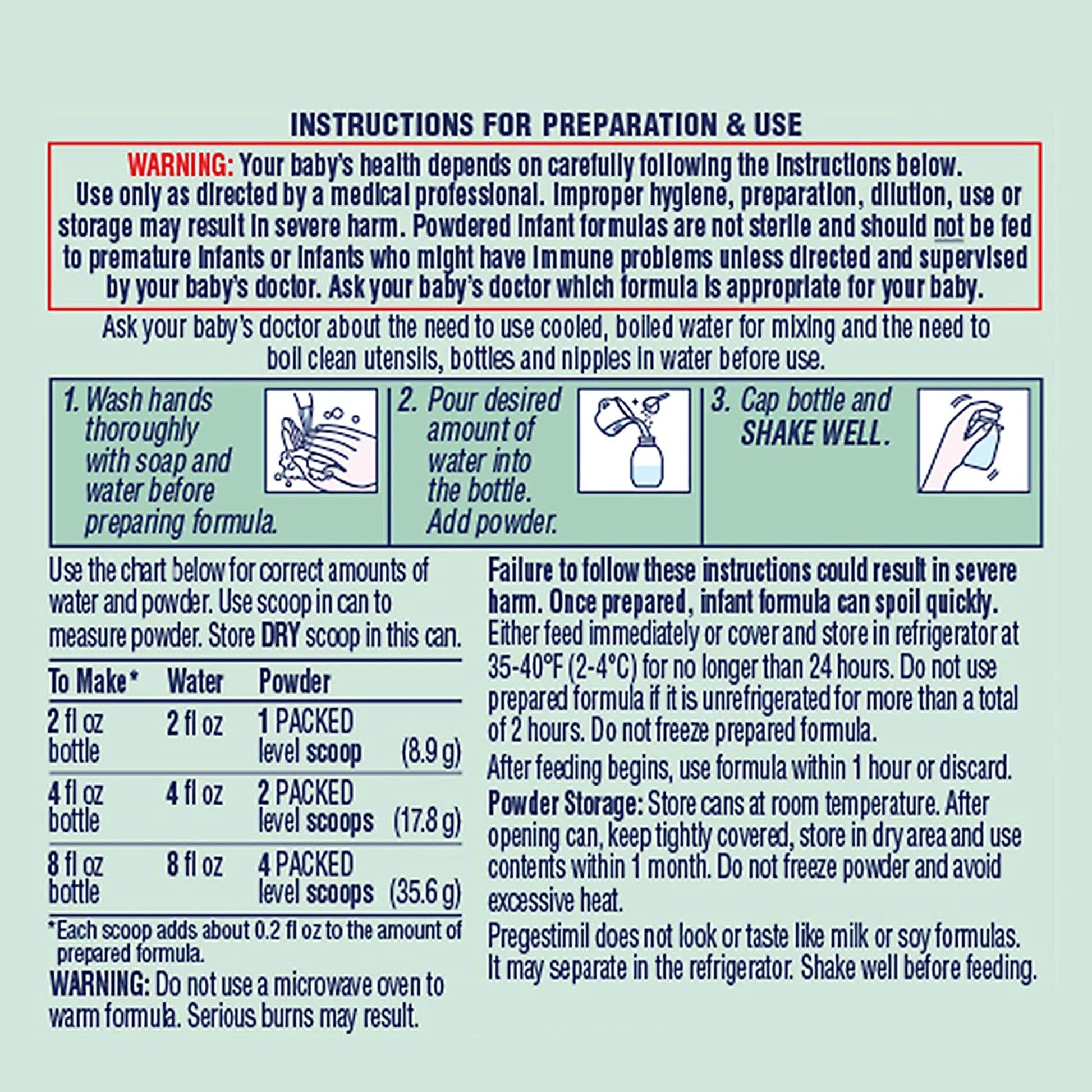 Instructions for preparing and using a powdered infant formula on a blue background
