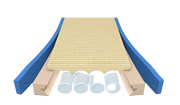 A 3D rendering of a pool deck system, showing a beige slatted deck board centered between blue side rails, supported by beige piers with four white cylindrical drains below, on a solid white background.