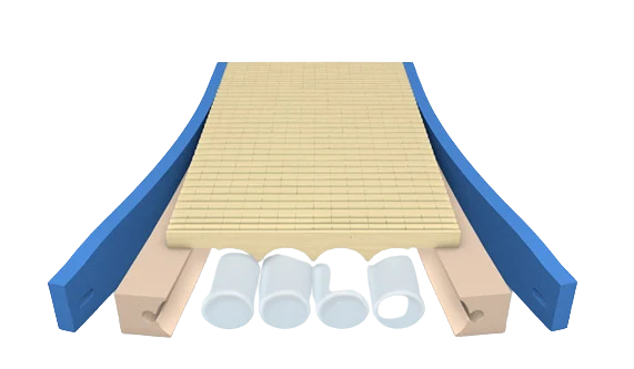 A 3D rendering of a pool deck system, showing a beige slatted deck board centered between blue side rails, supported by beige piers with four white cylindrical drains below, on a solid white background.