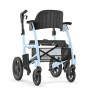 Light blue and black mobility scooter on a white background