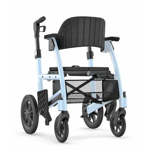 Light blue and black mobility scooter on a white background