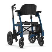 Blue and black walker with wheels on a white background