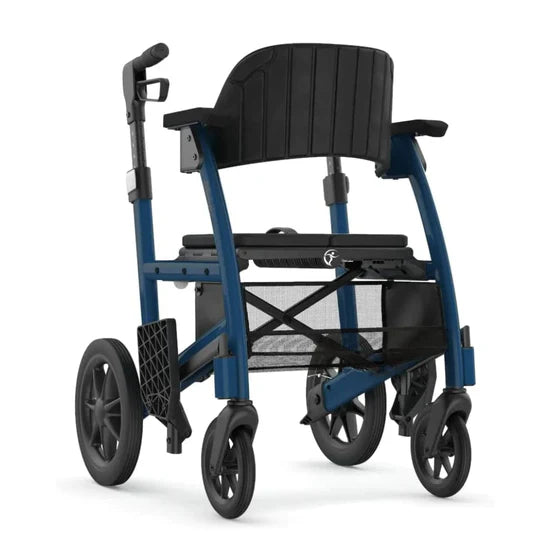 Blue and black walker with wheels on a white background