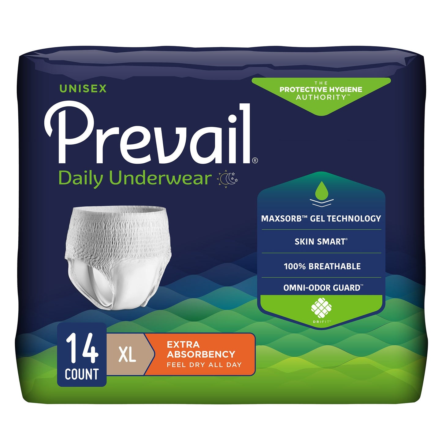 Package of Prevail daily underwear with product details on a white background