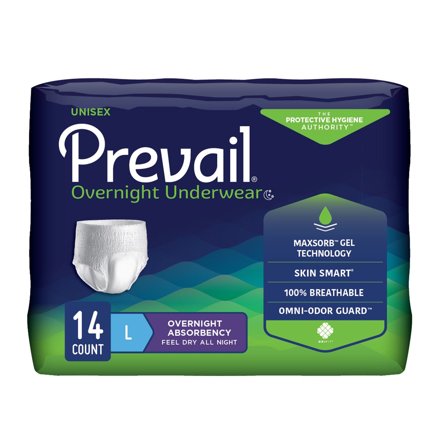 Package of Prevail overnight underwear on a white background