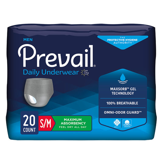 Package of Prevail daily underwear for men with blue and white design