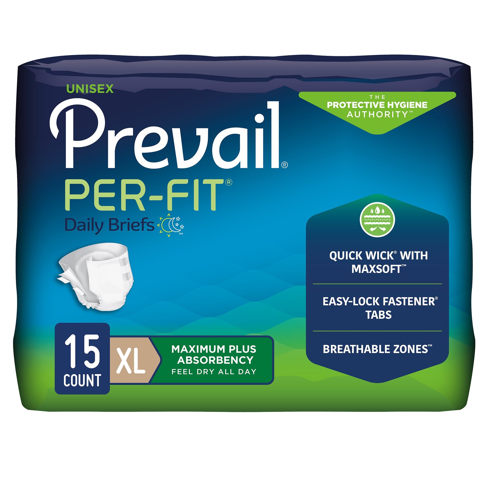Package of Prevail Per-Fit daily briefs with blue and green design
