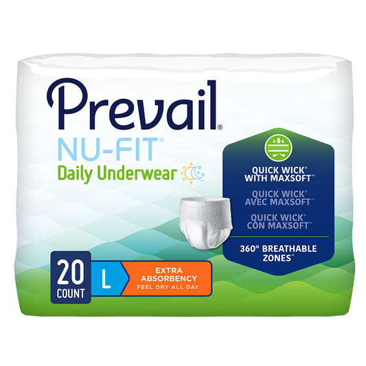 Package of Prevail Nu-Fit daily underwear with product details on a white background