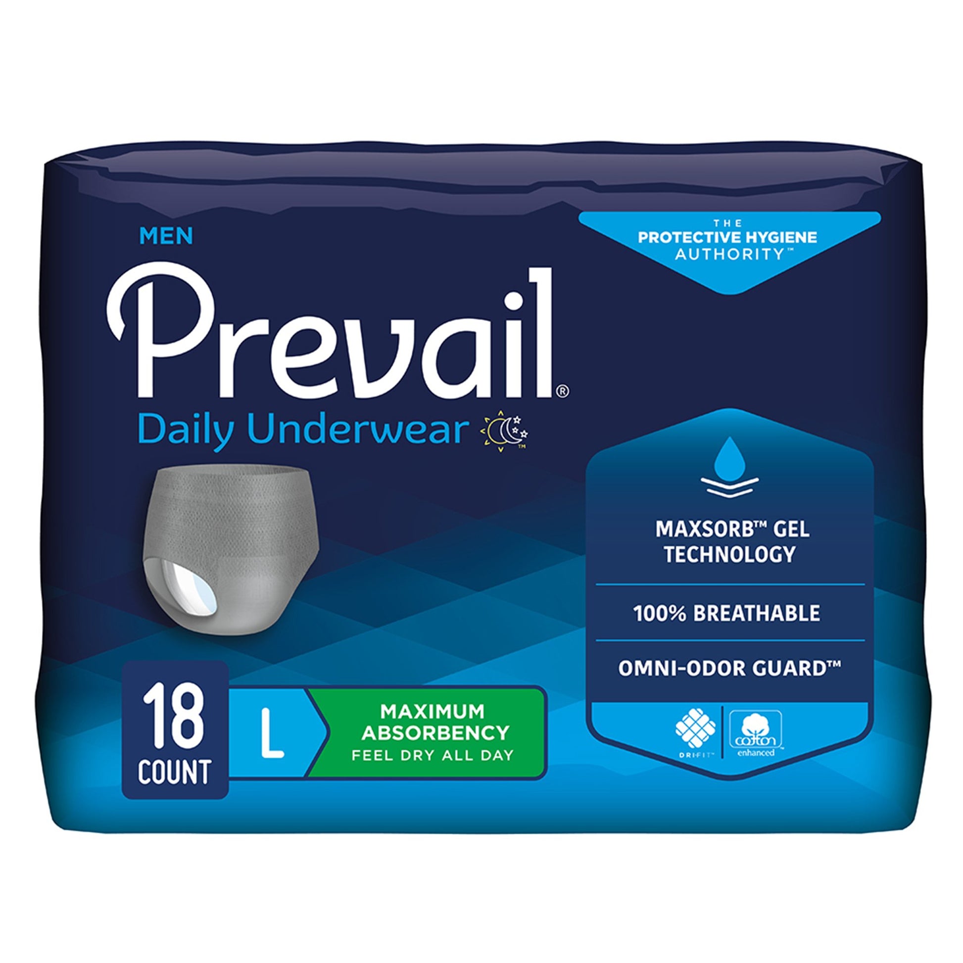 Package of Prevail daily underwear for men with blue and white design