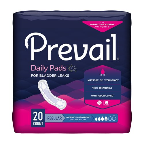 Package of Prevail daily pads for bladder leaks on a white background