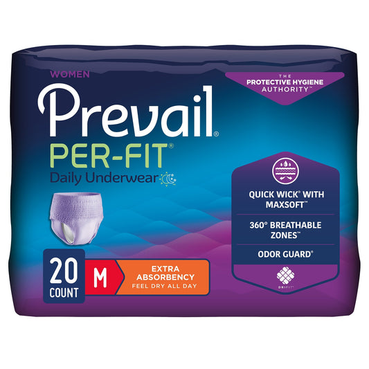 Package of Prevail Per-Fit daily undergarments with purple and blue design