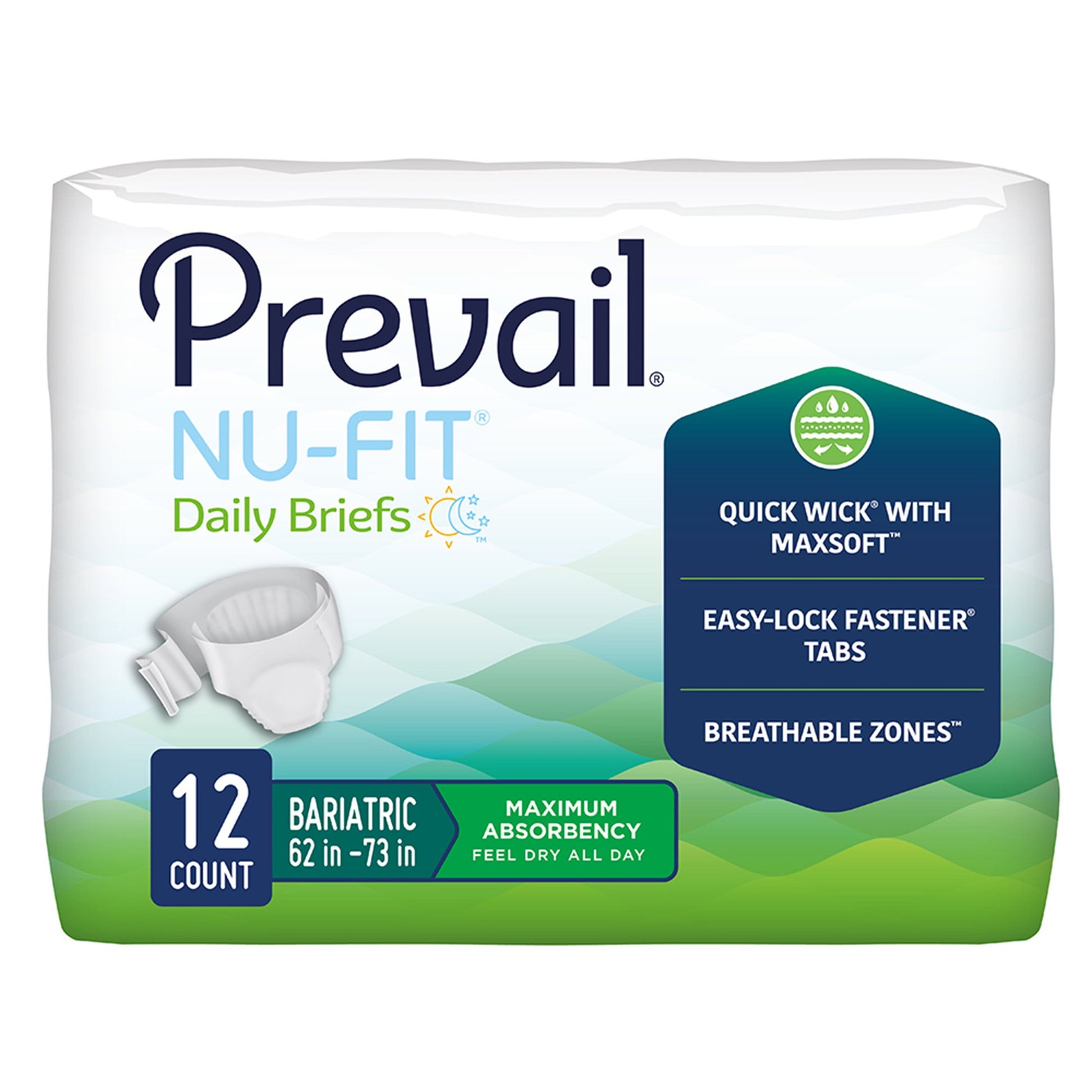 Package of Prevail Nu-Fit daily briefs with features highlighted on a white background