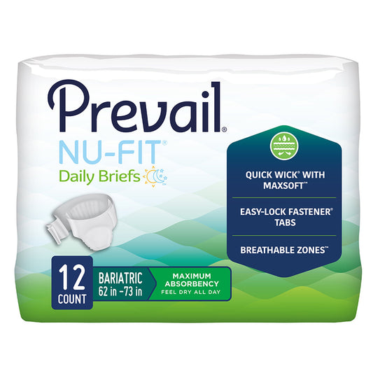 Package of Prevail Nu-Fit daily briefs with features highlighted on a white background