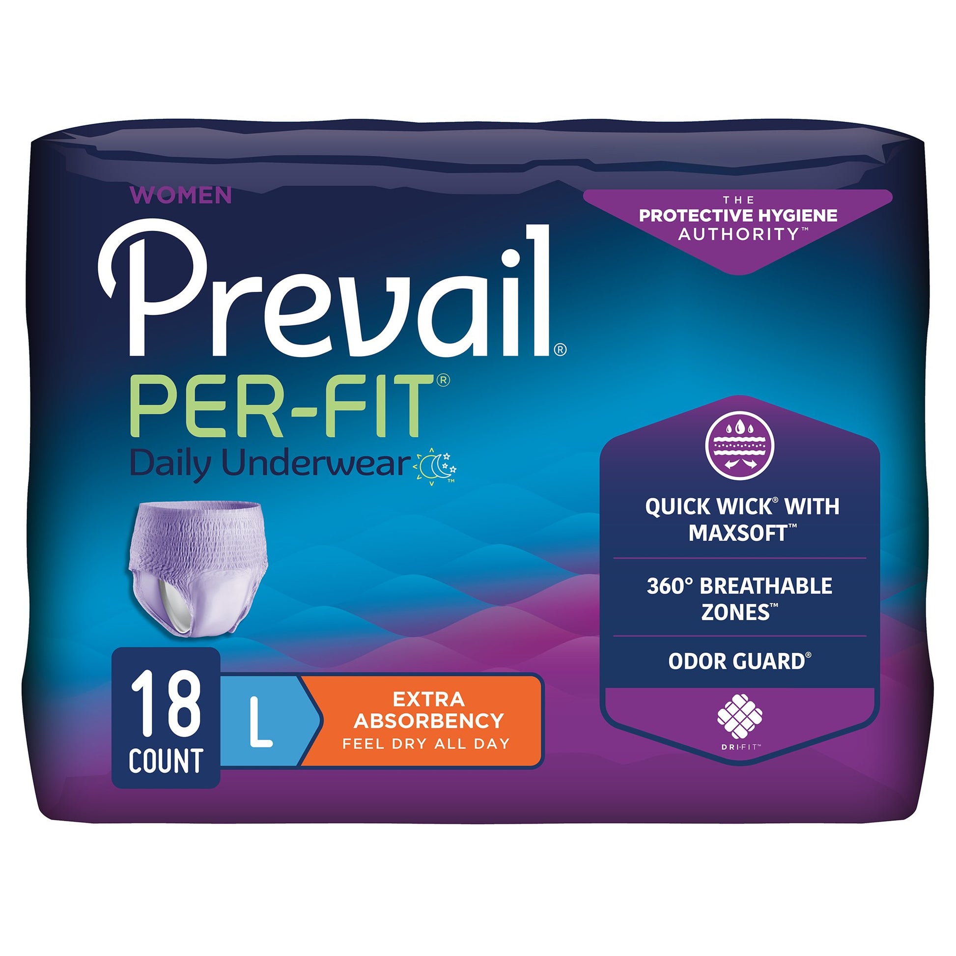 Package of Prevail Per-Fit daily undergarments with purple and blue design