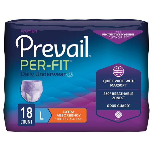 Package of Prevail Per-Fit daily undergarments with purple and blue design