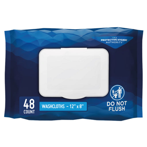 Pack of washcloths with blue and white design on a white background