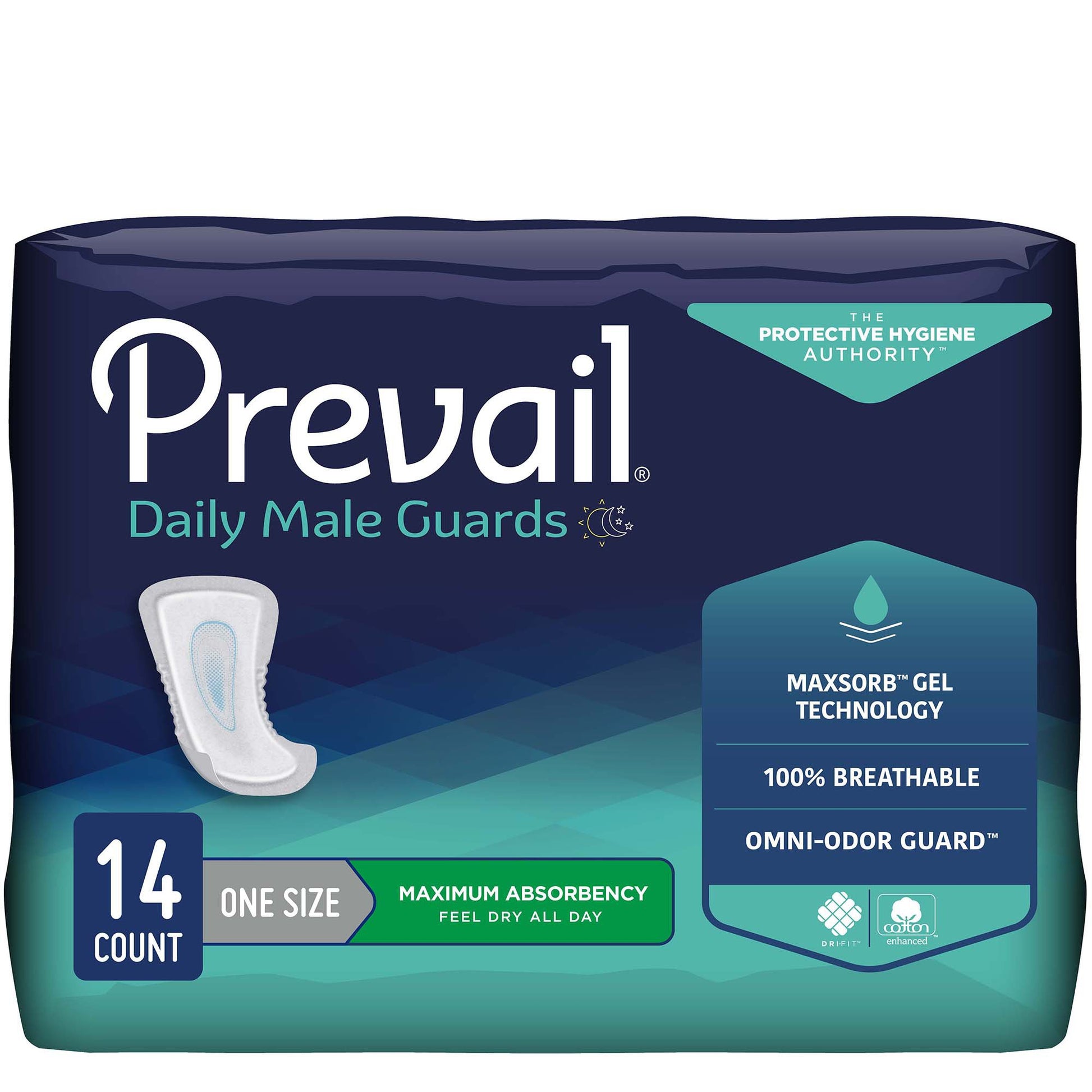 Package of Prevail Daily Male Guards with product details on a white background