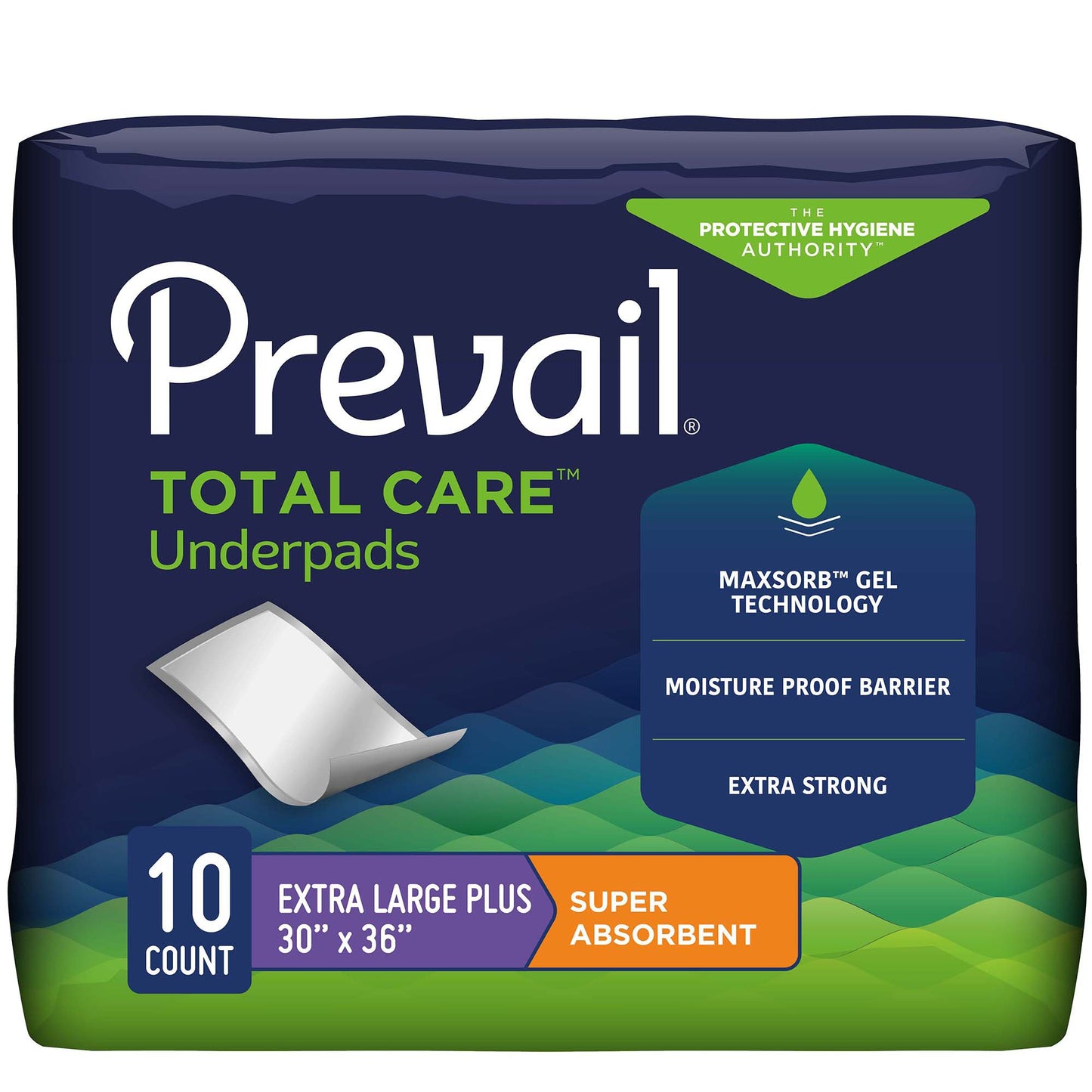 Package of Prevail Total Care Underpads with text highlighting features on a blue and green background