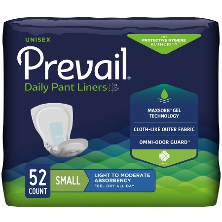 Package of Prevail daily pant liners with product details on a blue and green background