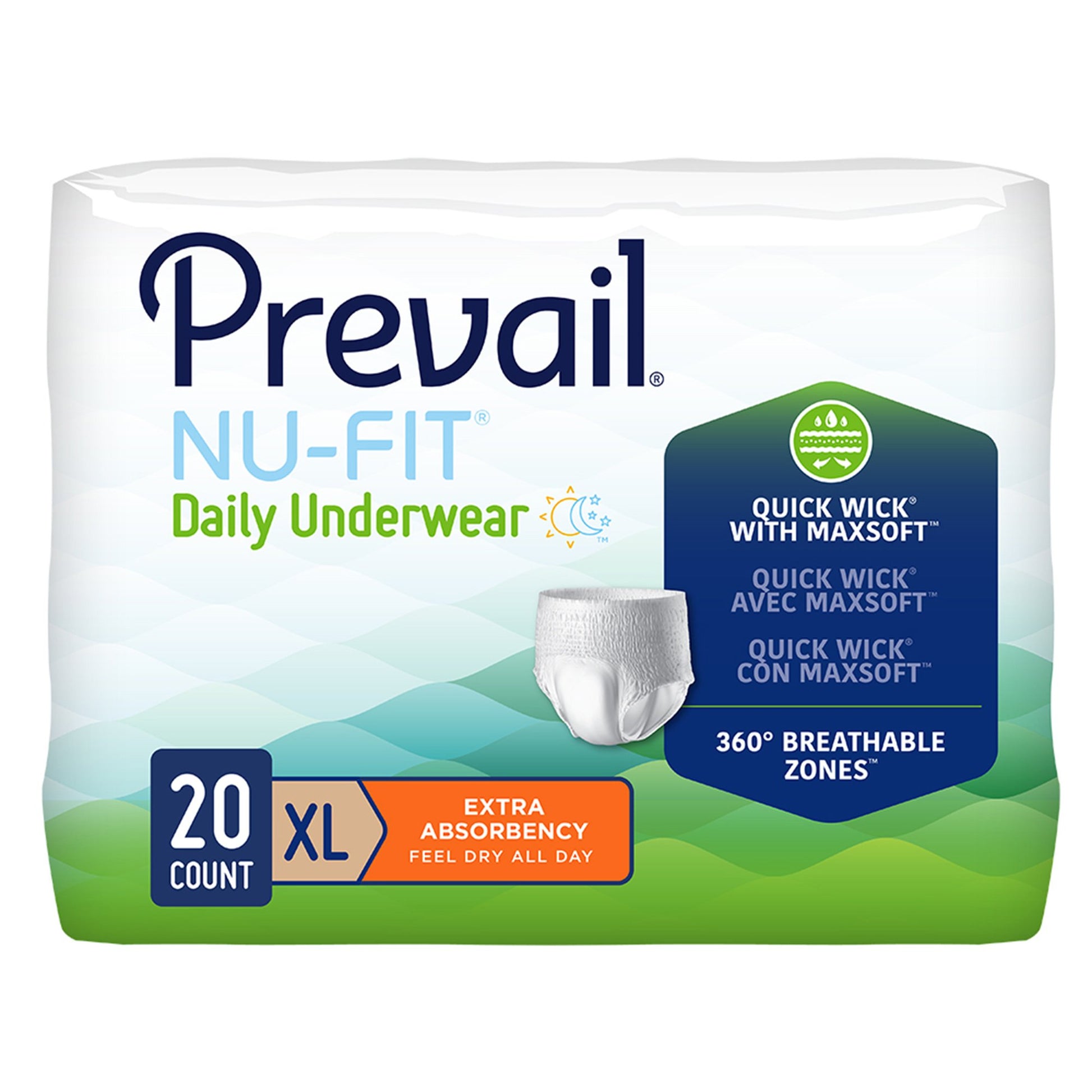 Package of Prevail Nu-Fit daily underwear with branding and product details on a white background