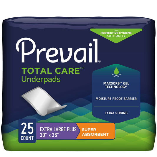 Package of Prevail Total Care Underpads with text highlighting features on a blue and green background