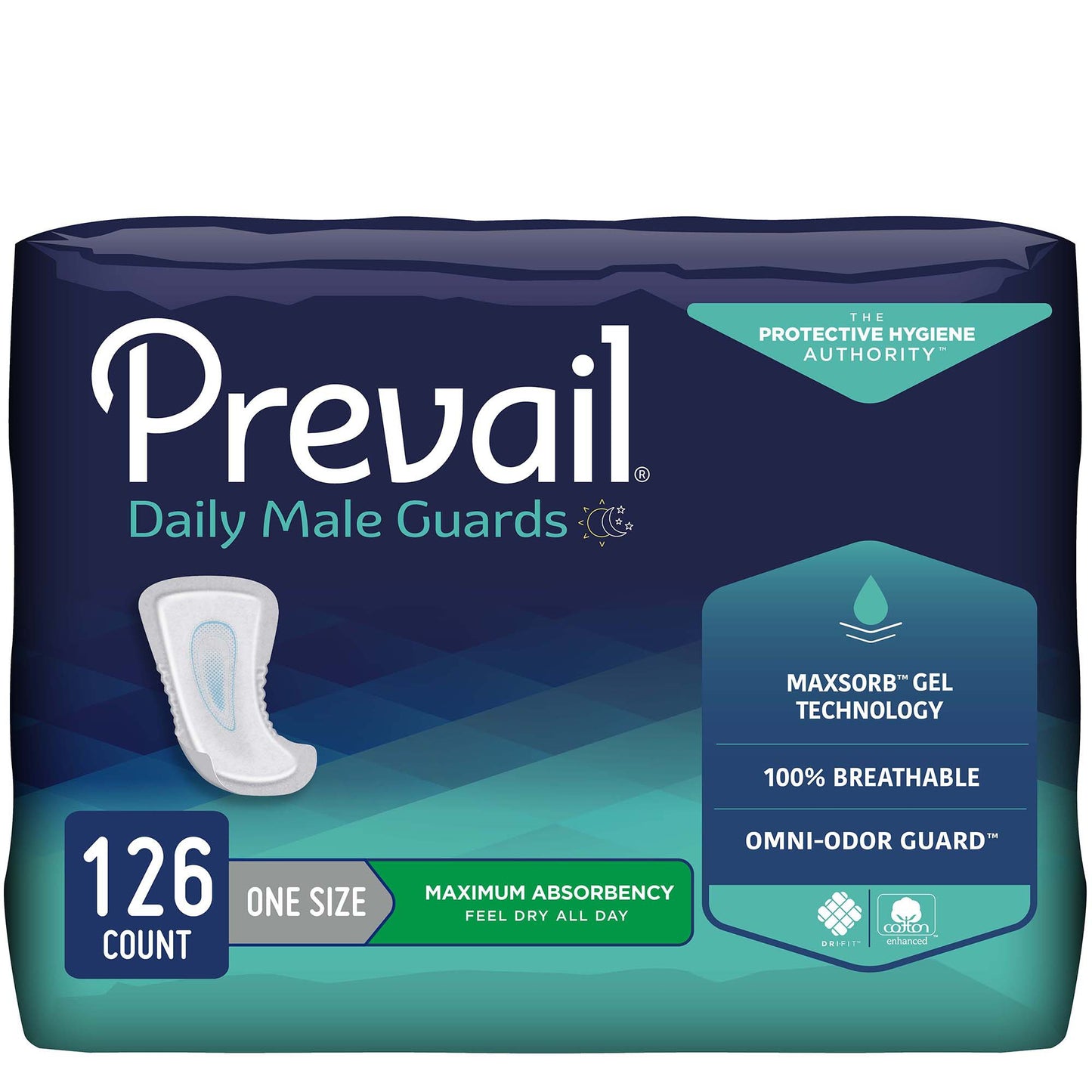 Package of Prevail Daily Male Guards with product details on a white background