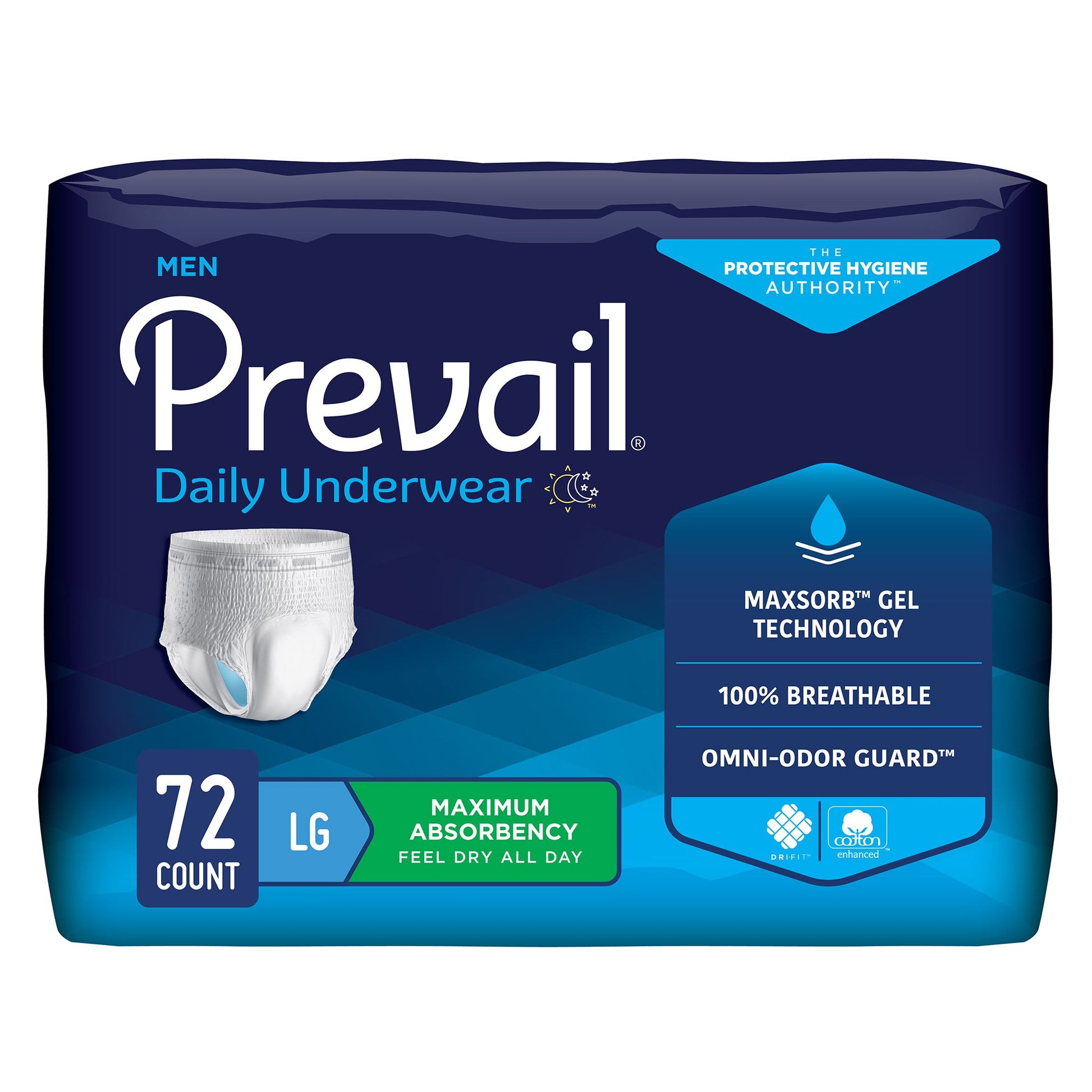 Package of Prevail daily underwear for men with blue and white design.