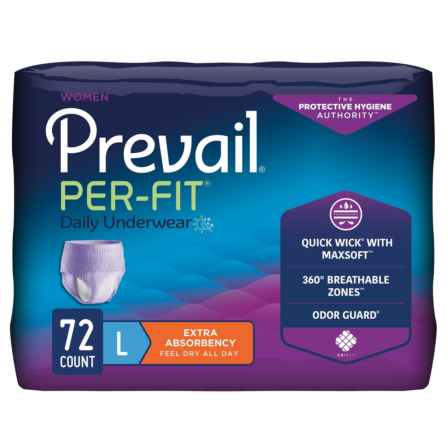 Package of Prevail Per-Fit daily undergarments with purple and blue design.