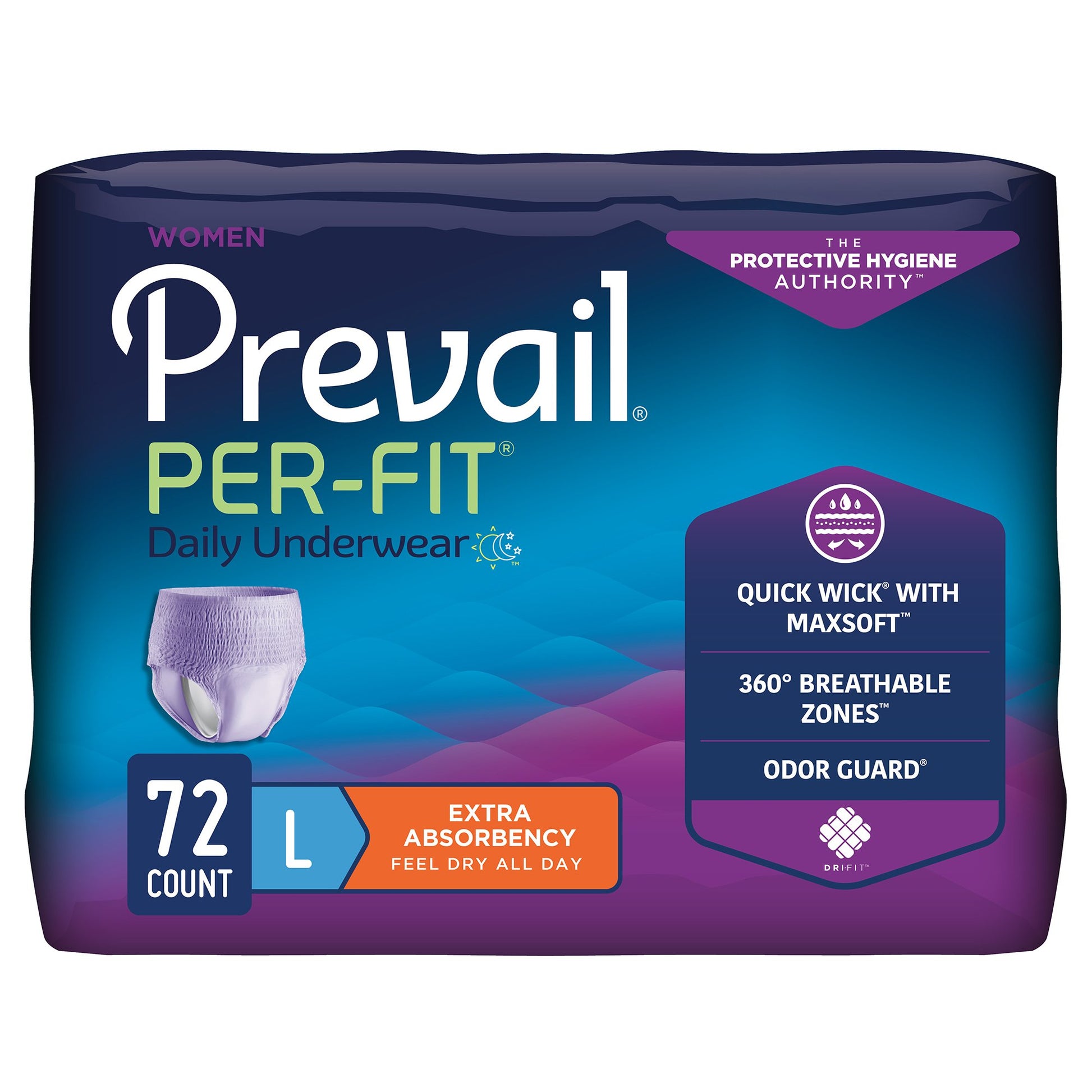 Package of Prevail Per-Fit daily undergarments with purple and blue design.