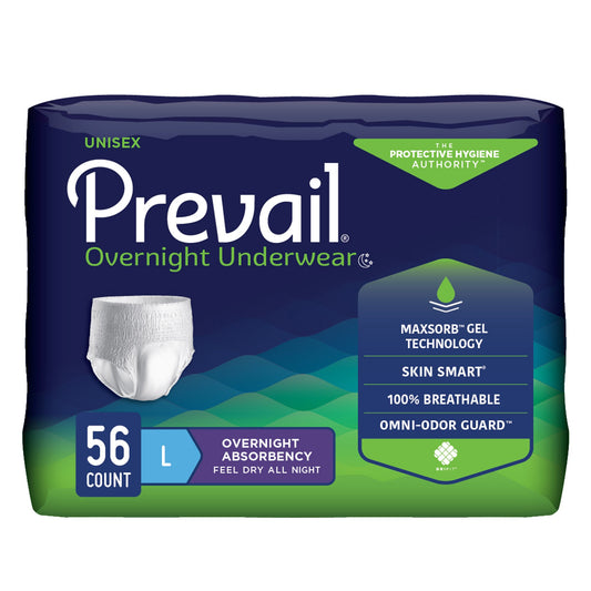 Package of Prevail Overnight Underwear with features highlighted on a white background