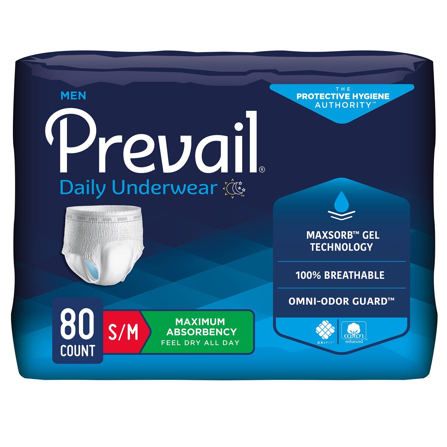 Package of Prevail Daily Underwear for men with blue and white design.