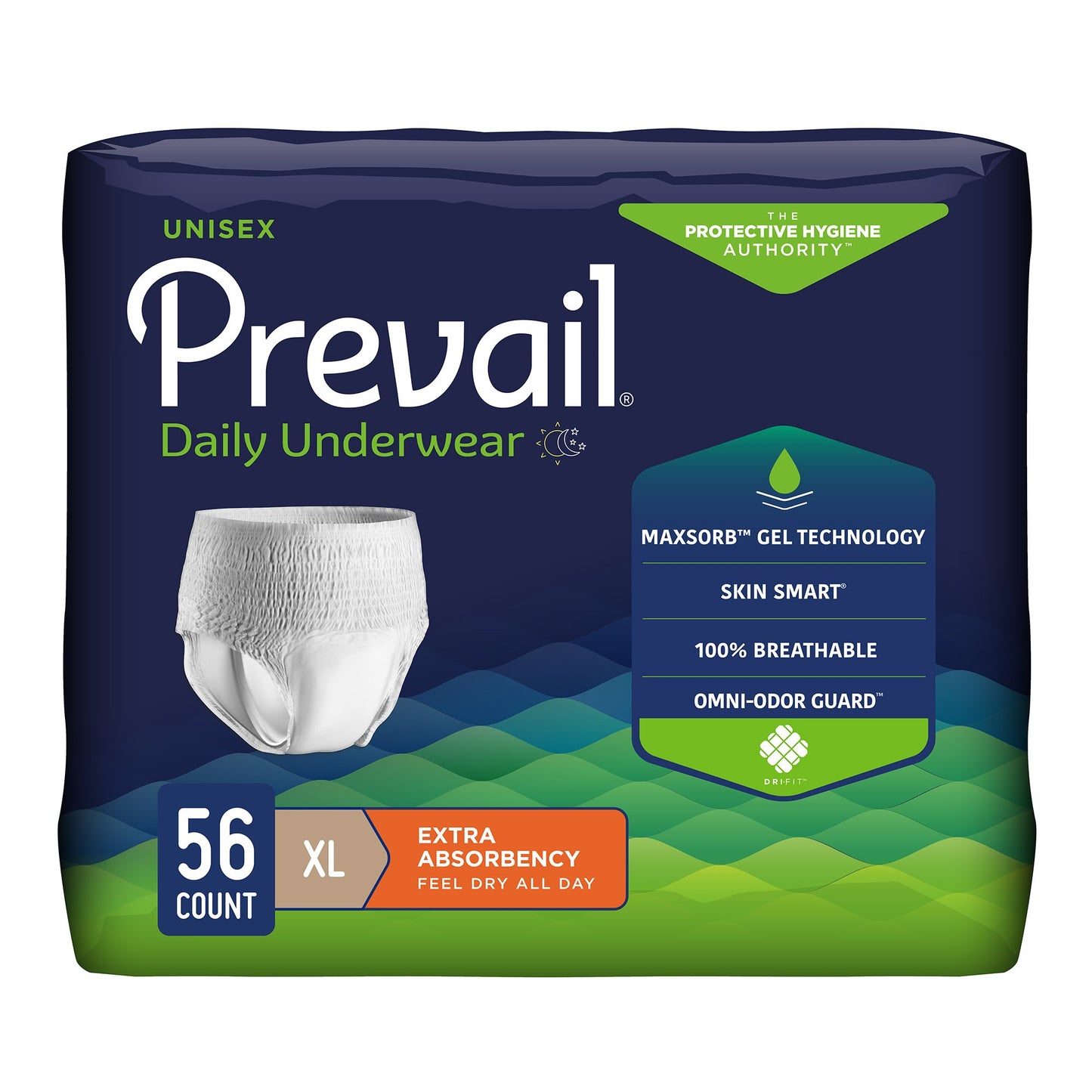 Package of Prevail daily underwear with features highlighted on a white background