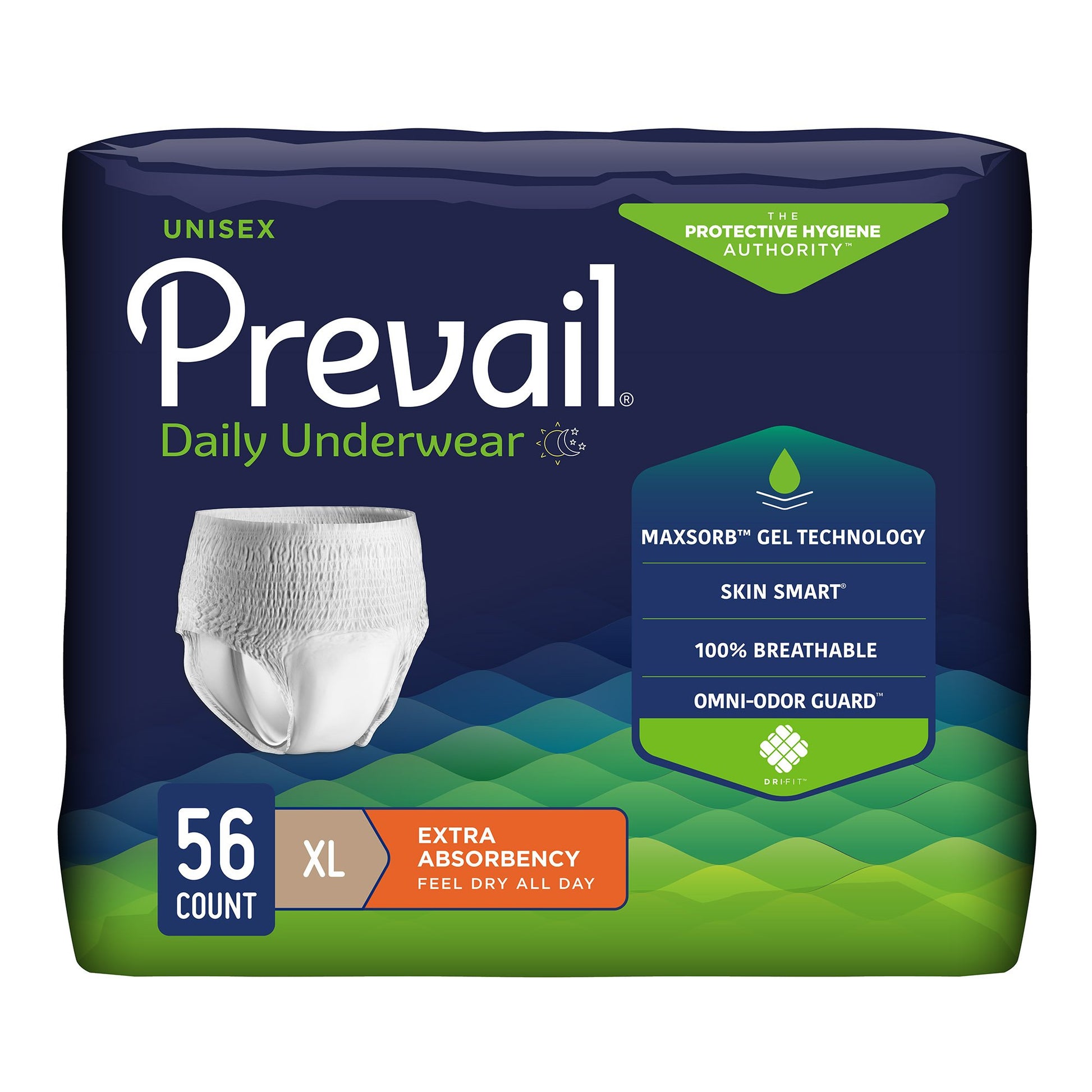 Package of Prevail daily underwear with features highlighted on a white background